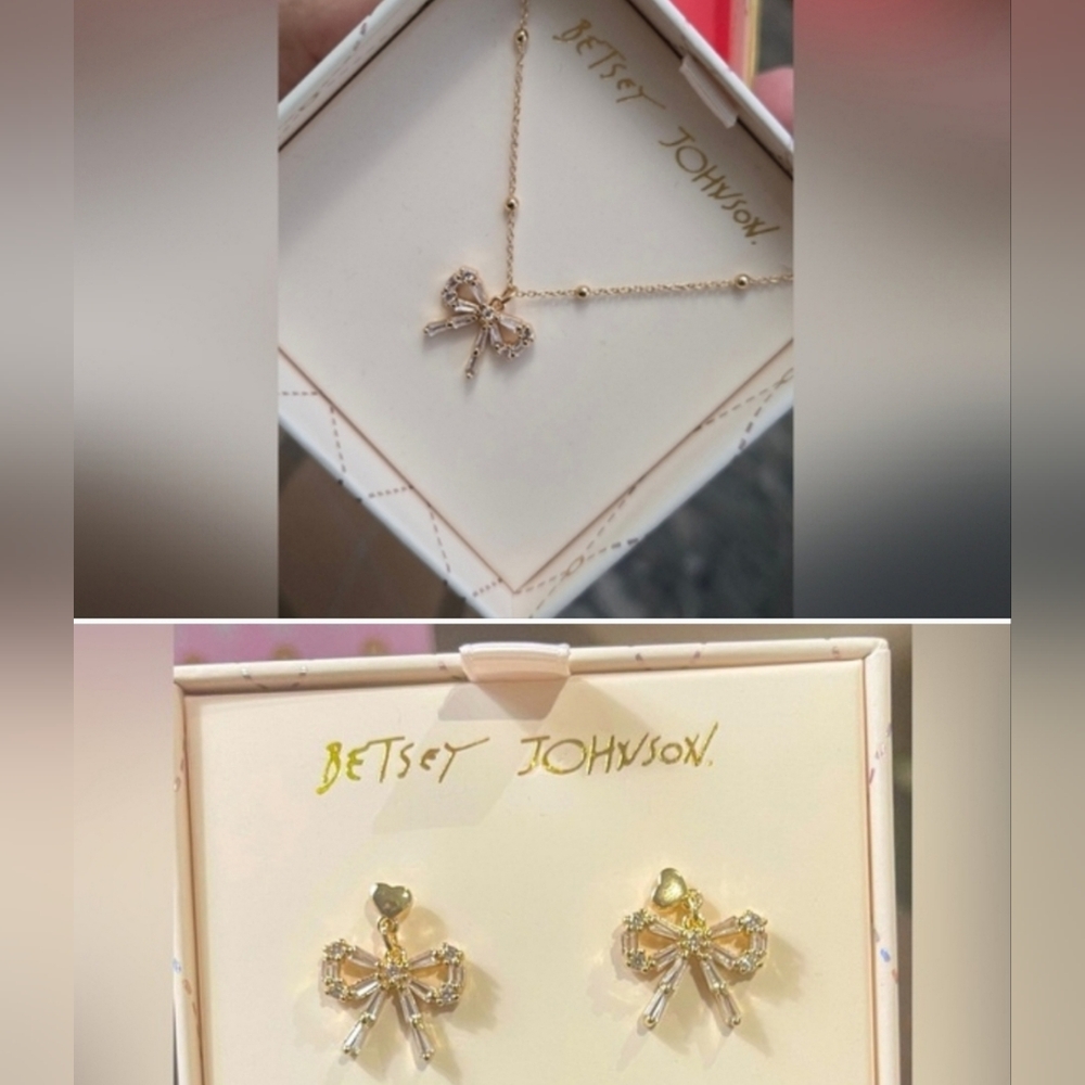 Betsy Johnson Petite Sparkle Bow Dangle Earrings & Neklace , Brand New in Box